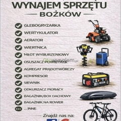 Wynajem sprzętu ogrodniczego, budowlanego, box dachowy, bagażnik rowerowy 